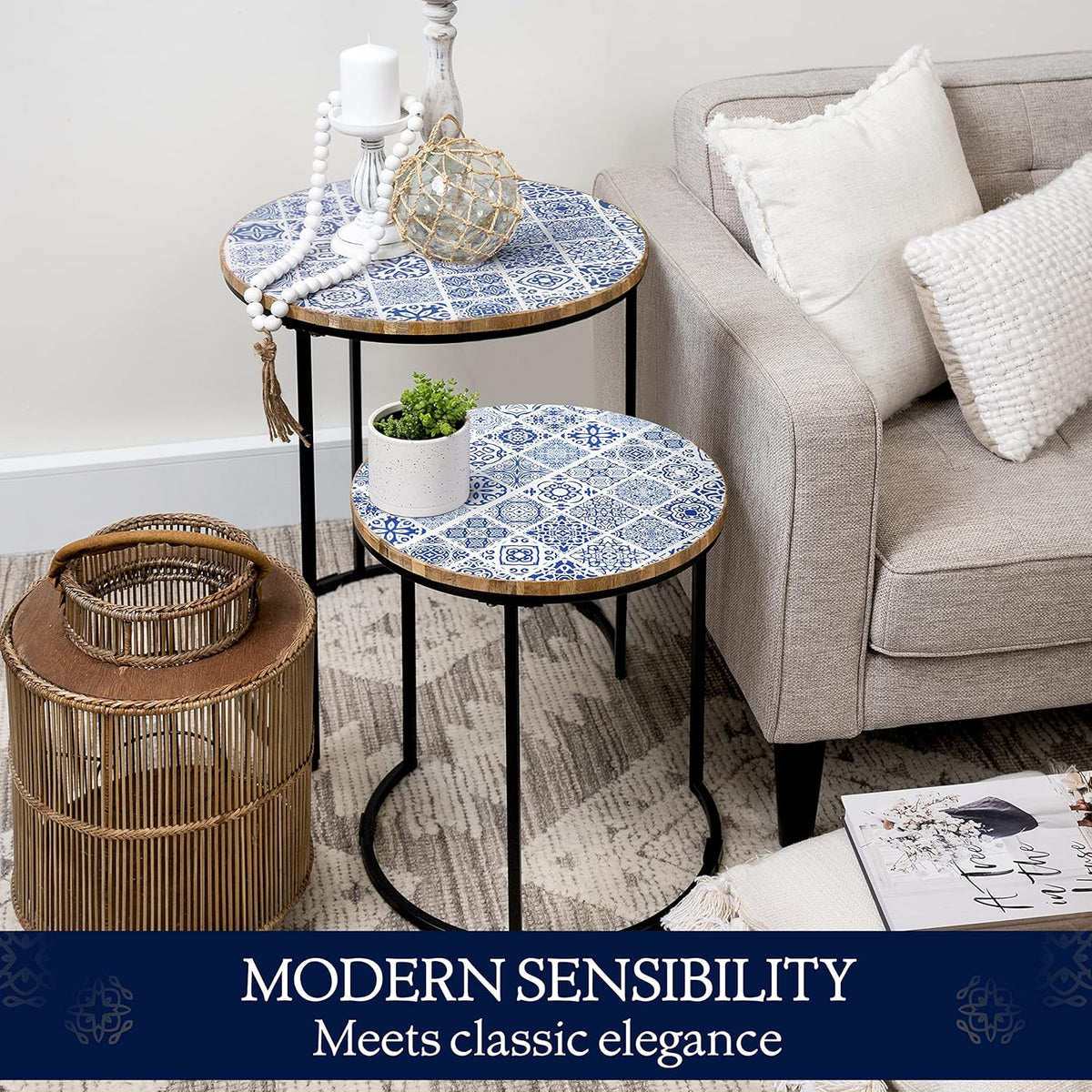 Blue and White Set of 2 Side Tables with Metal Frame and Wooden Top W8964