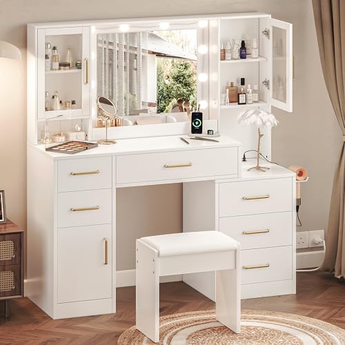 White Makeup Vanity Desk with Mirror & Lights and 5 Drawers E581653