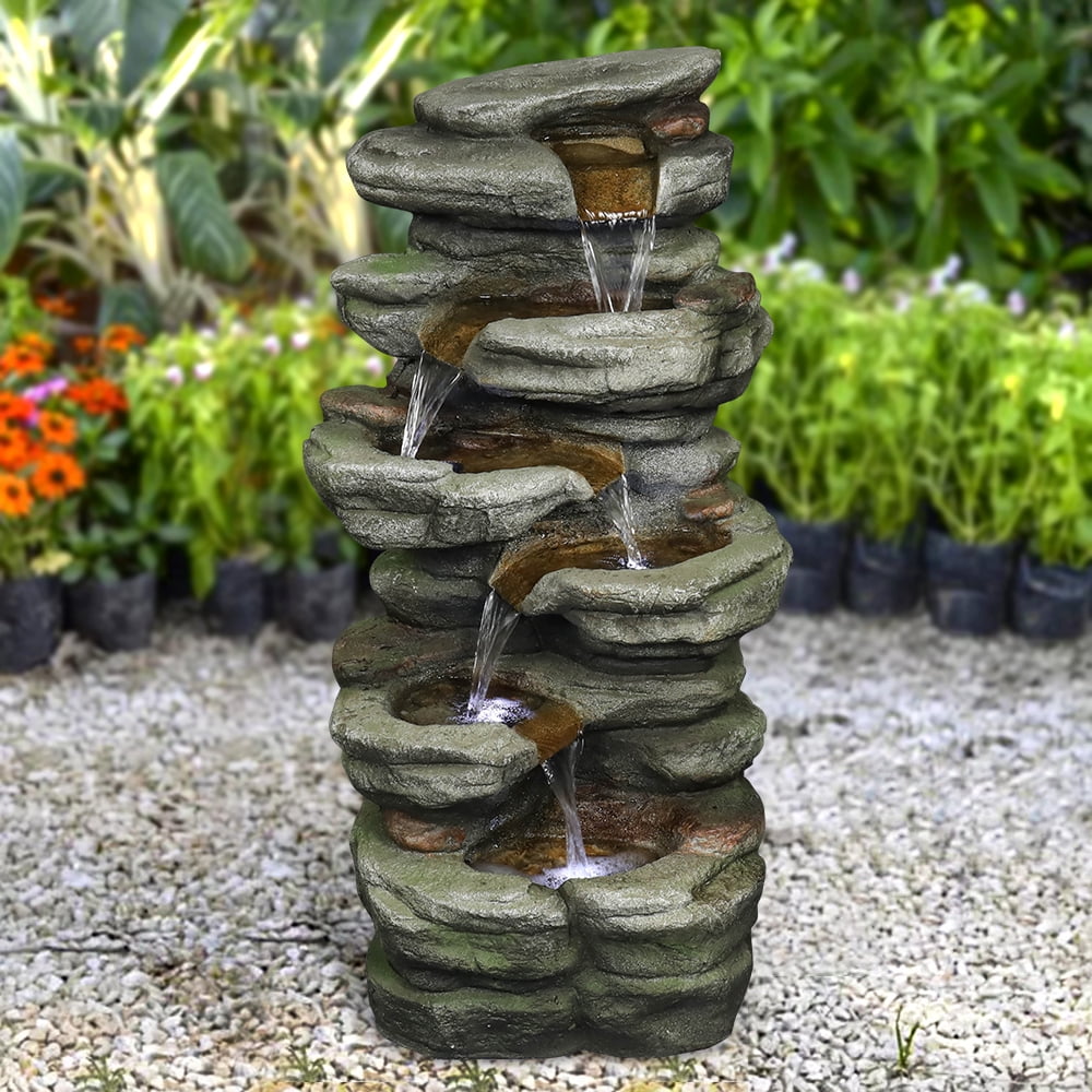 Outdoor 5-Tier Rock Water Fountain with LED Lights L318