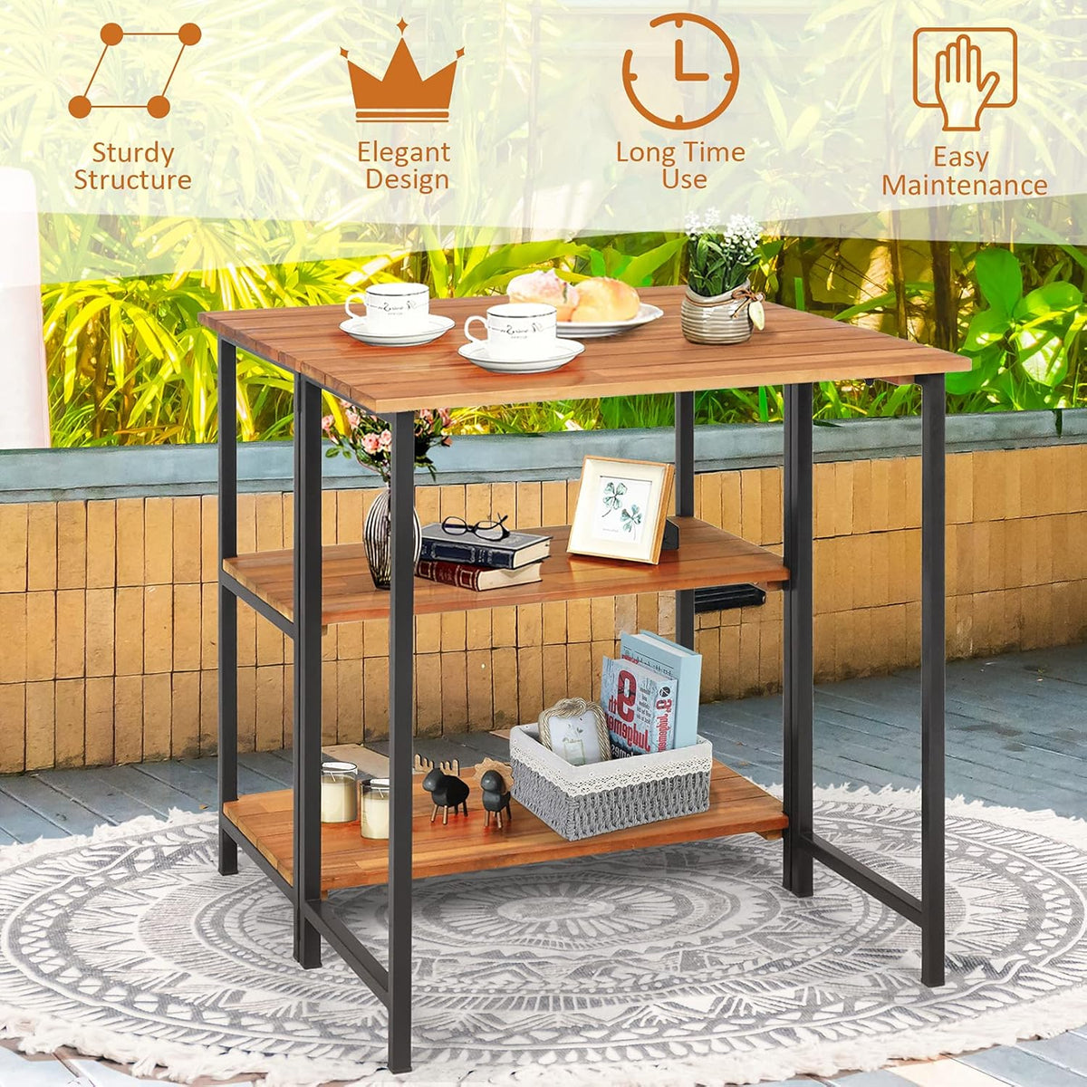 Acacia Wood Folding Patio Table with 2 Storage Shelves V15147