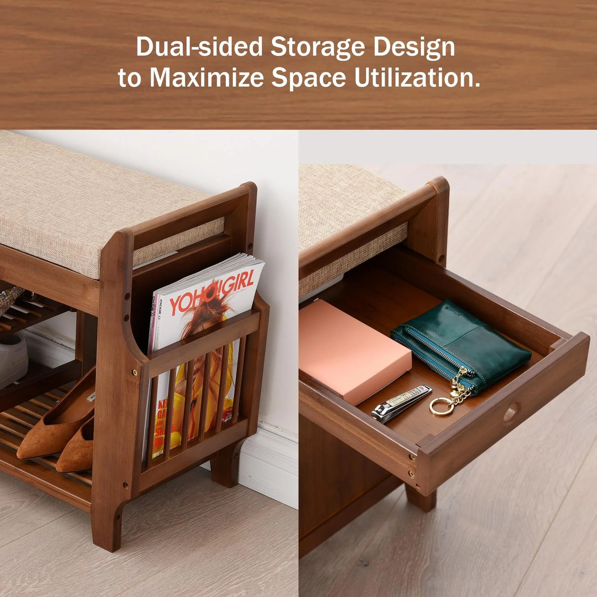 Shoe Storage Bench with Storage Basket and Side Drawer J600