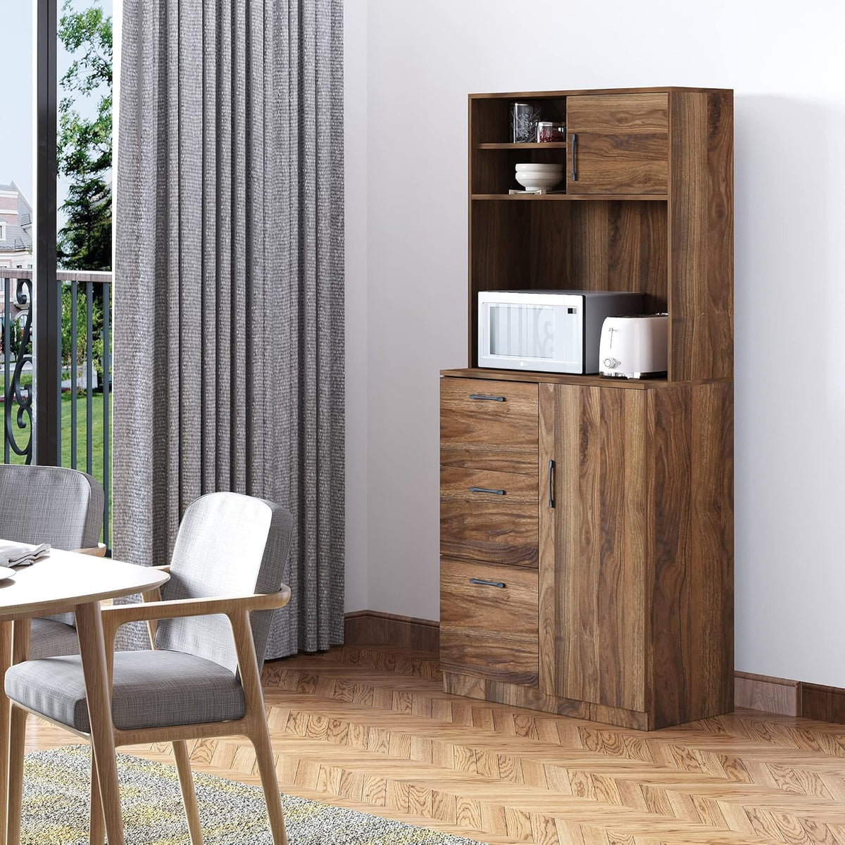 Walnut Kitchen Buffet Hutch with 3 Drawers and Sliding Door W172