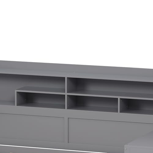 Gray Twin Corner Bed Frame with Storage Shelves and Desk Q35416