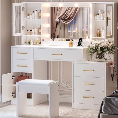 White Makeup Vanity Desk with Mirror & Lights and 5 Drawers E581653