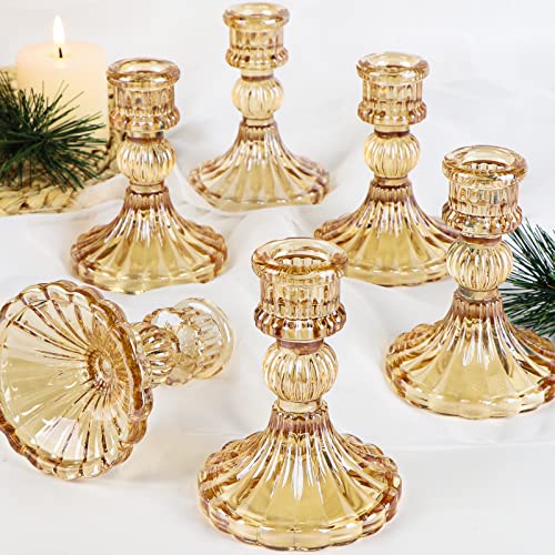 Set of 6 Glass Gold Candlestick Holders I8932
