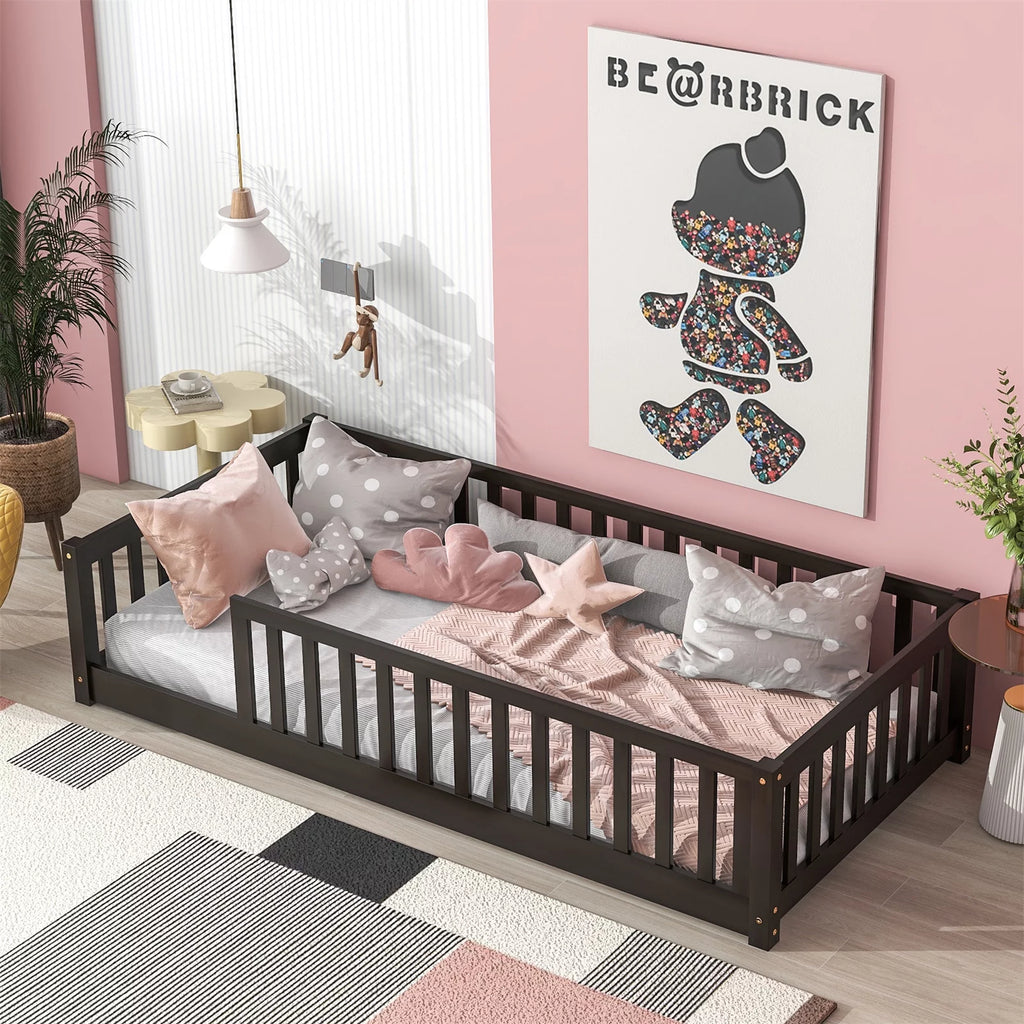 White Twin Floor Bed Frame with Fence and Wood Slats L981579