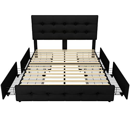Black Queen Upholstered Platform Bed Frame with 4 Storage Drawers Q765262