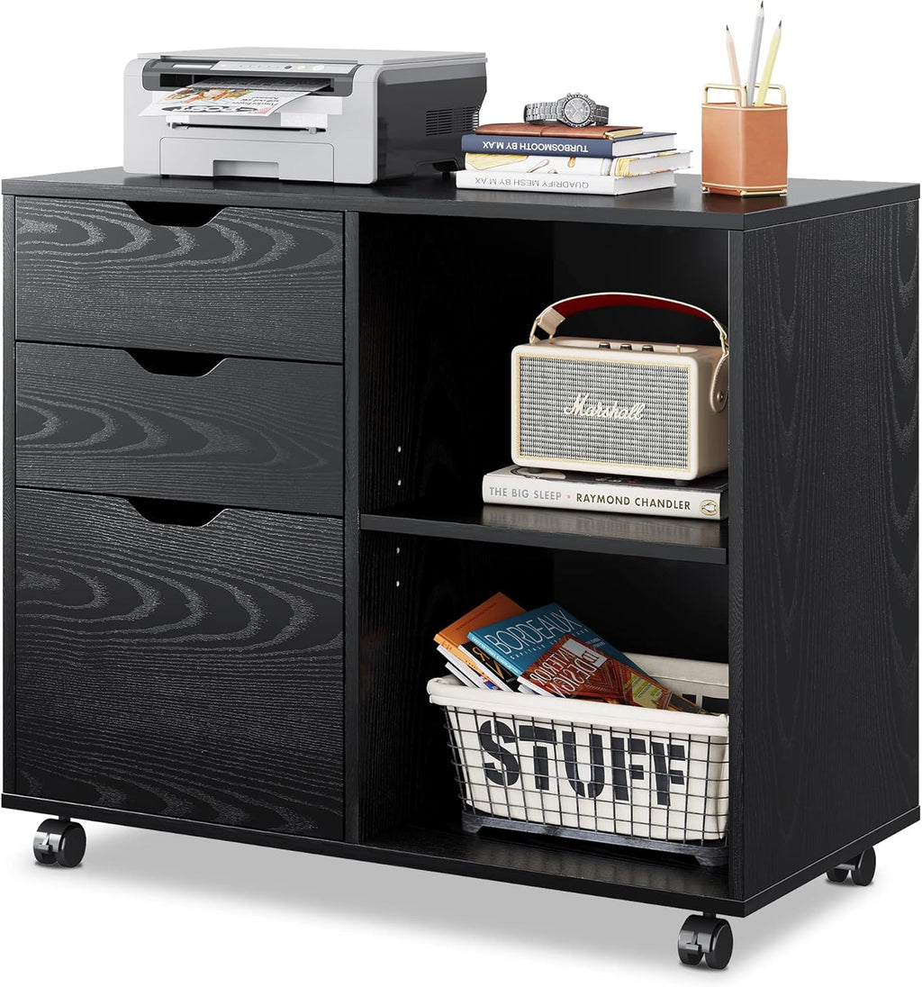 3-Drawer Wood File Cabinet with Open Storage Shelves, Rustic Brown N140316