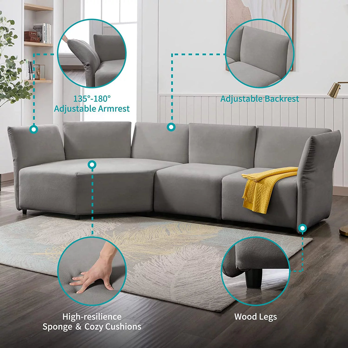 Light Grey Curved Modular Sectional Sofa O967