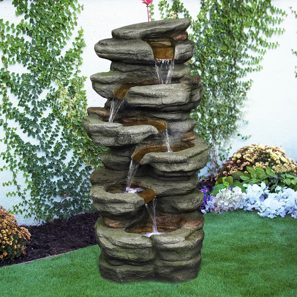 Outdoor 5-Tier Rock Water Fountain with LED Lights L318