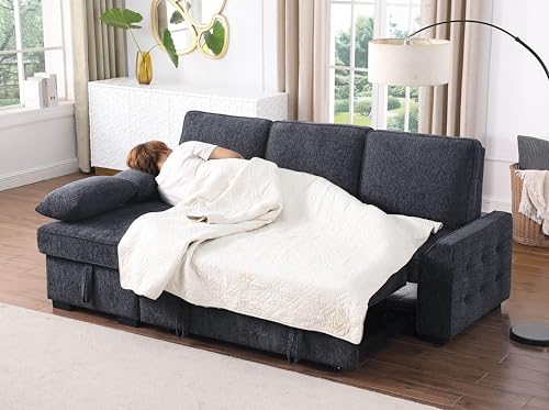 86 Inch Chenille L Shaped Sleeper Sectional Sofa with Storage Chaise Y7417