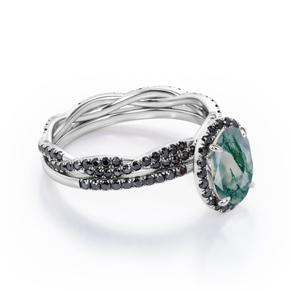 18K Gold over Silver Oval-Shaped Moss Green Agate Bridal Set O57194