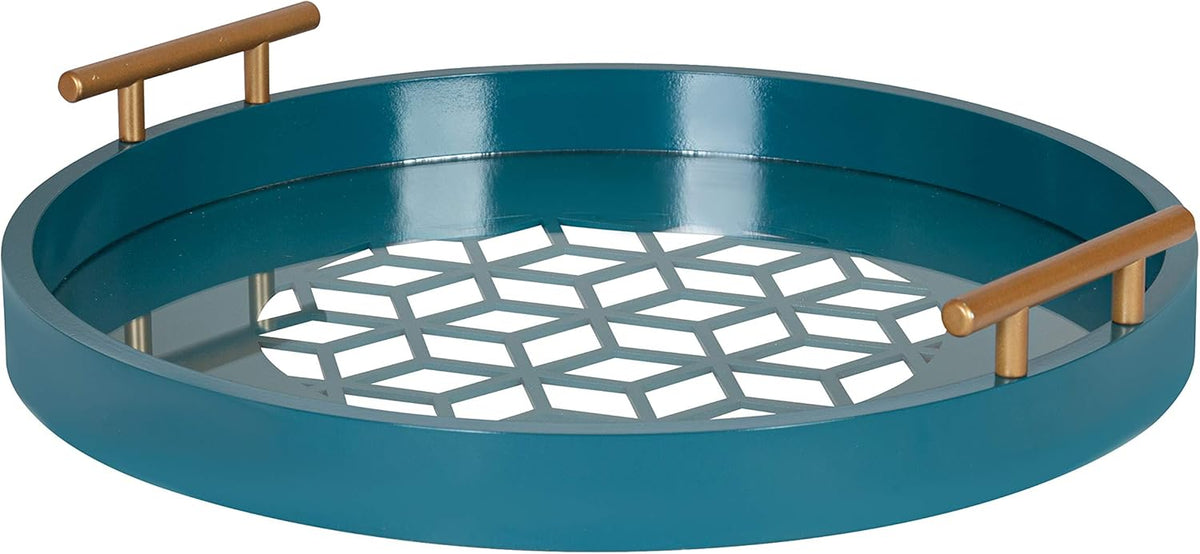 Navy and Gold Round Decorative Tray with Metal Handles I9752