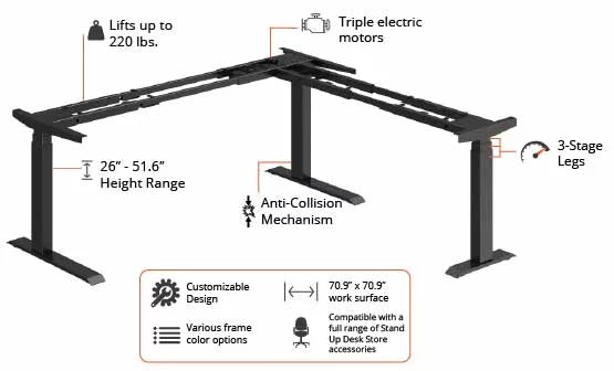 L-Shaped Corner Standing Desk with Adjustable Width, White Frame Only J123618