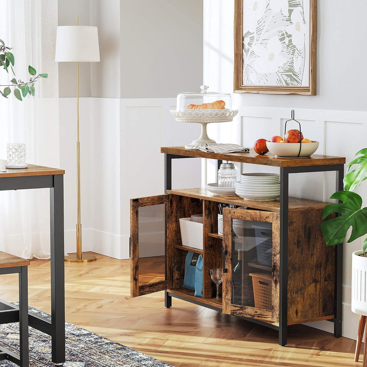 Rustic Brown and Black Buffet Cabinet with Glass Doors D755988