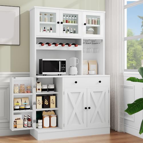 Grey Tall Kitchen Pantry Cabinet with Doors, Shelves, Drawer, Wine Rack, Power Outlet A2036