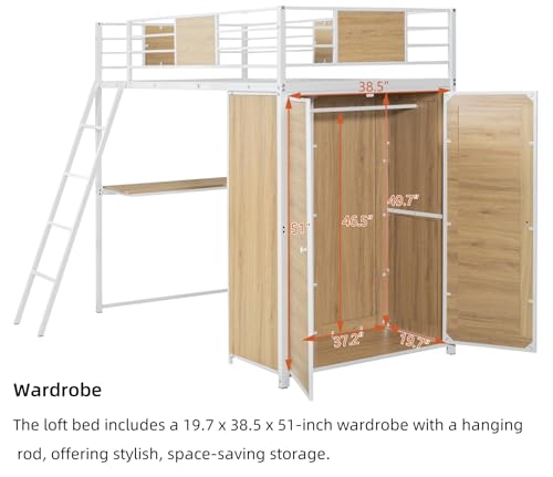 Twin Size Metal Wood Loft Bed Frame with Desk Stairs Storage Wardrobe A116