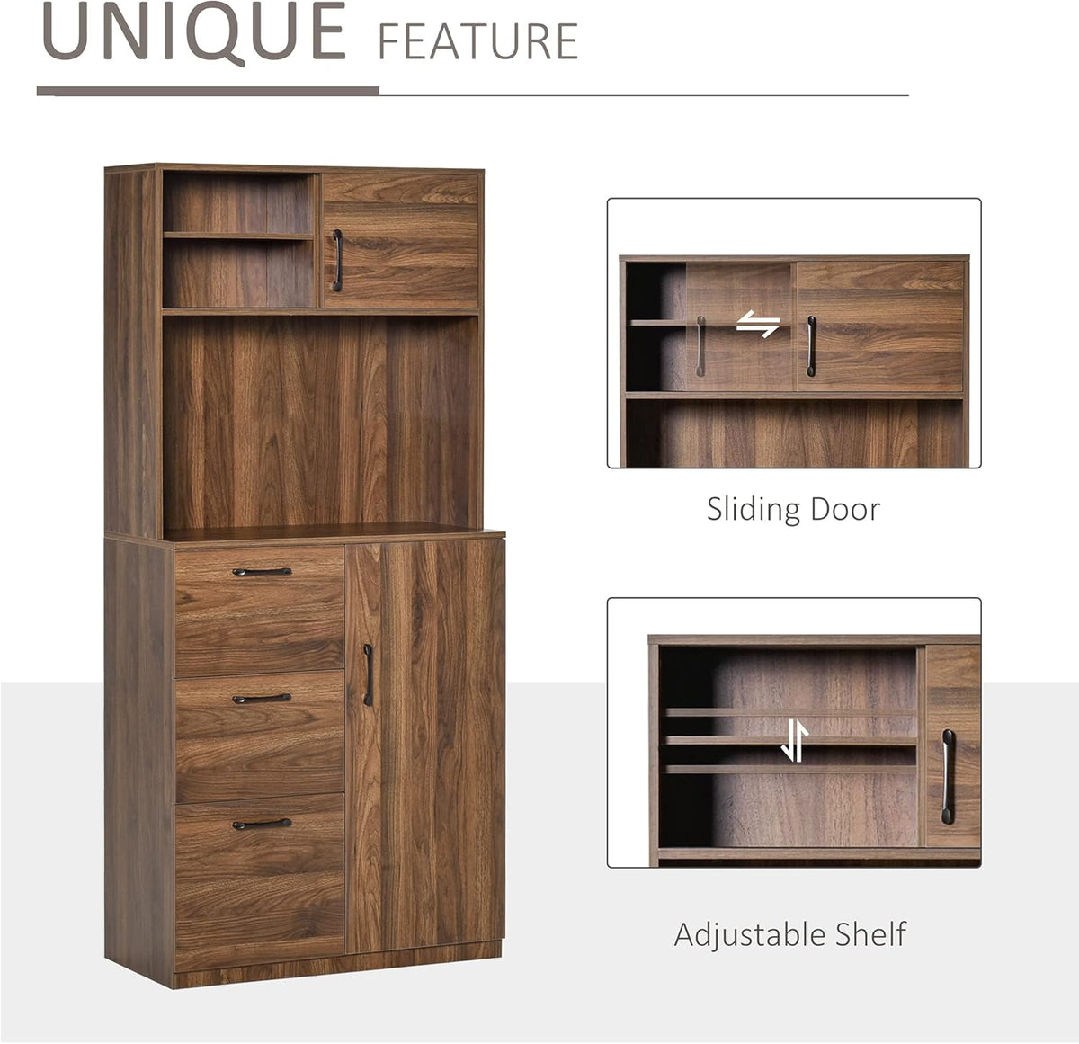 Walnut Kitchen Buffet Hutch with 3 Drawers and Sliding Door W172