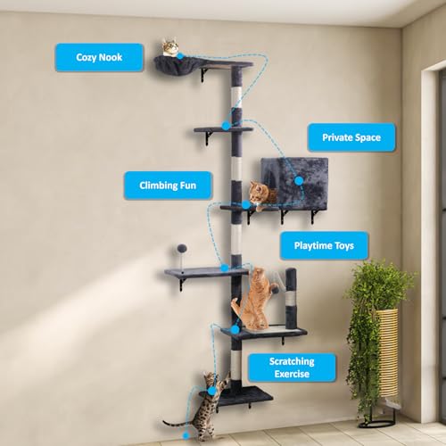 Wall Mounted Cat Climber Set with Scratching Post, Platforms, Dangling Balls, Condo D458886