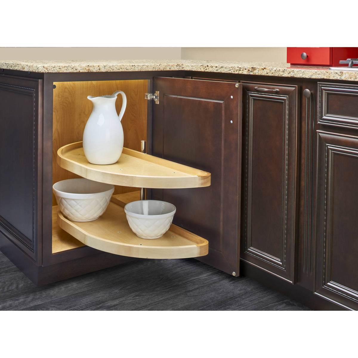 35x22 Natural Wood 2 Shelf Half-Moon Lazy Susan N129