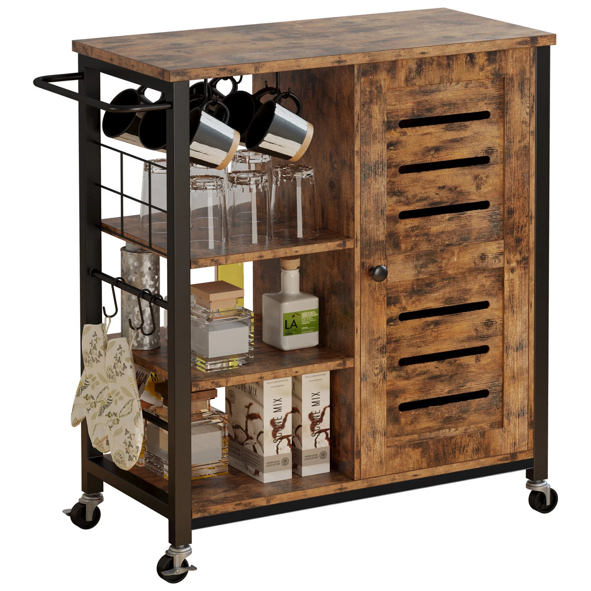 Storage Cabinet with Wheels, 31.5" Kitchen Cart Cabinet with Shelves, Vintage Brown S35333