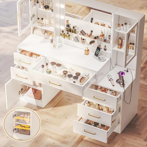 White Makeup Vanity Desk with Mirror & Lights and 5 Drawers E581653