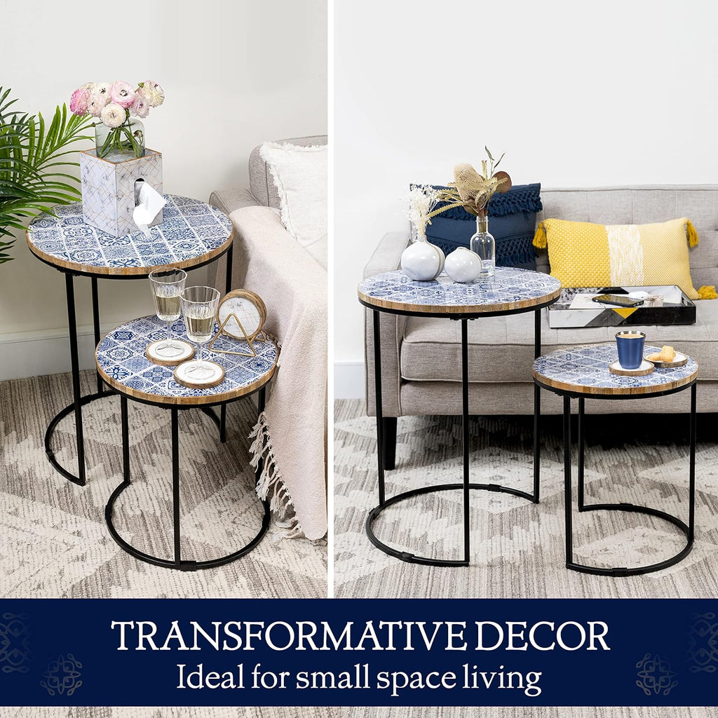 Blue and White Set of 2 Side Tables with Metal Frame and Wooden Top W8964