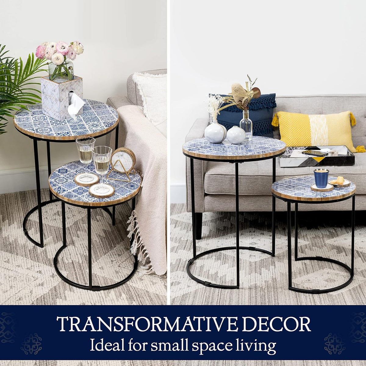 Blue and White Set of 2 Side Tables with Metal Frame and Wooden Top W8964