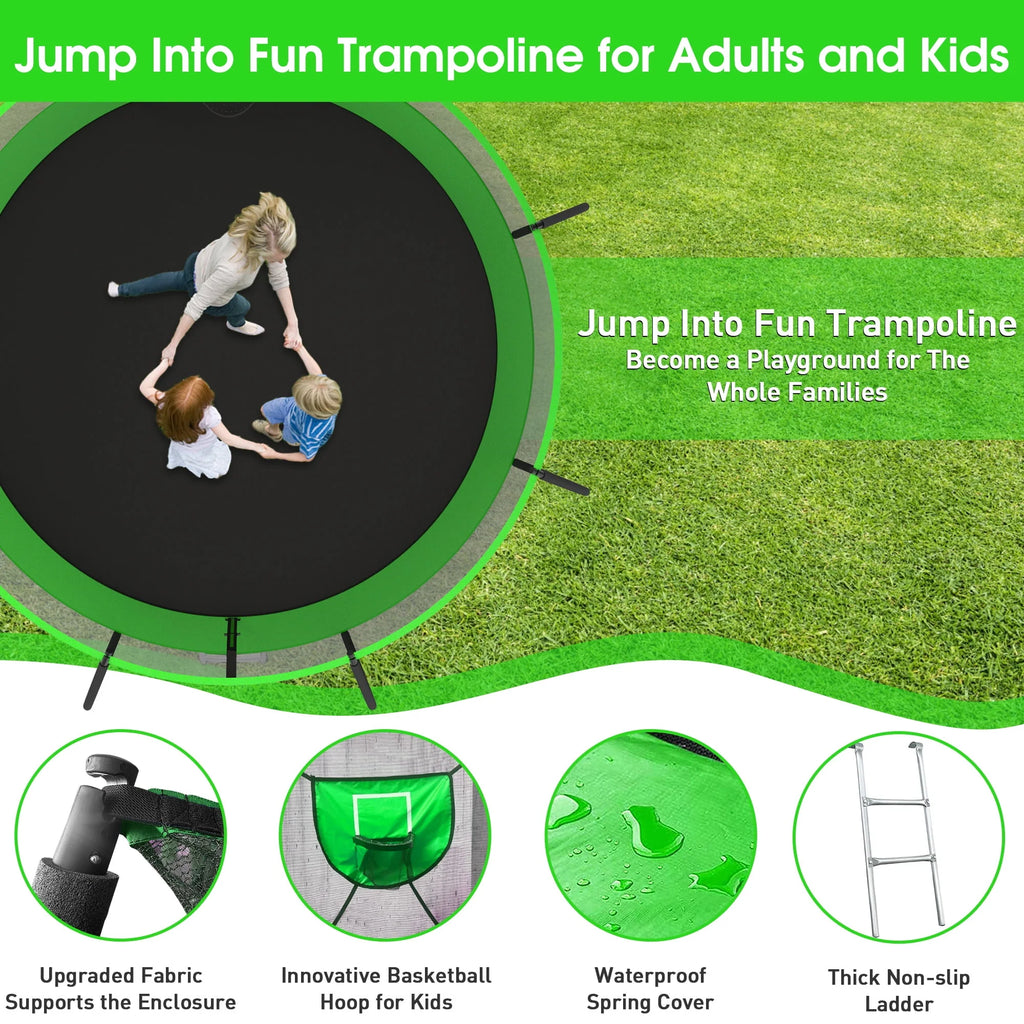 12FT 14FT Trampoline with Enclosure, Basketball Hoop, LED Light and Sprinkler R8603