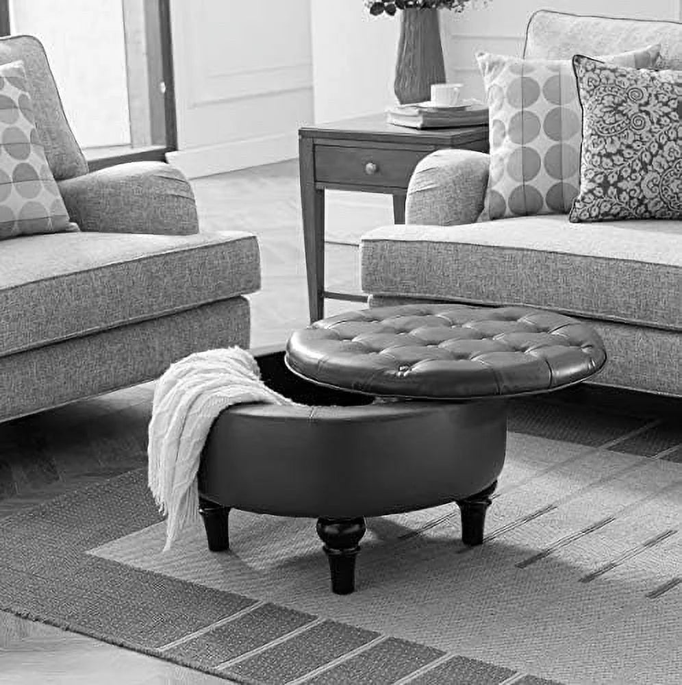 Faux Leather Round Ottoman with Tray Top W5177
