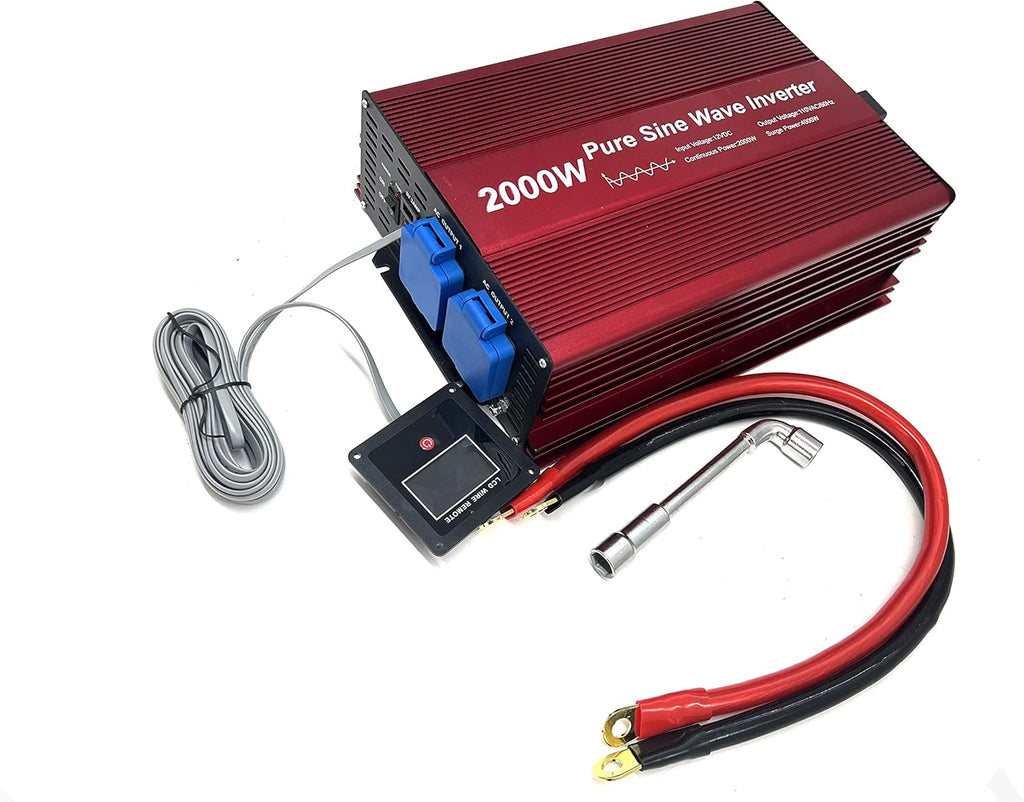 2000W Pure Sine Wave Inverter 12V to 120V AC with 2 AC Outlets, DC5V 2 Amp USB Output, LCD Wire Remote Kit and OFC Battery Cables M5196