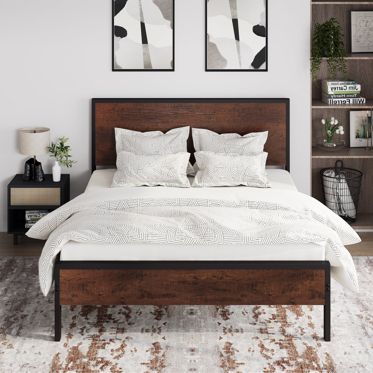 Queen Size Black Oak Headboard Bed Frame C454351