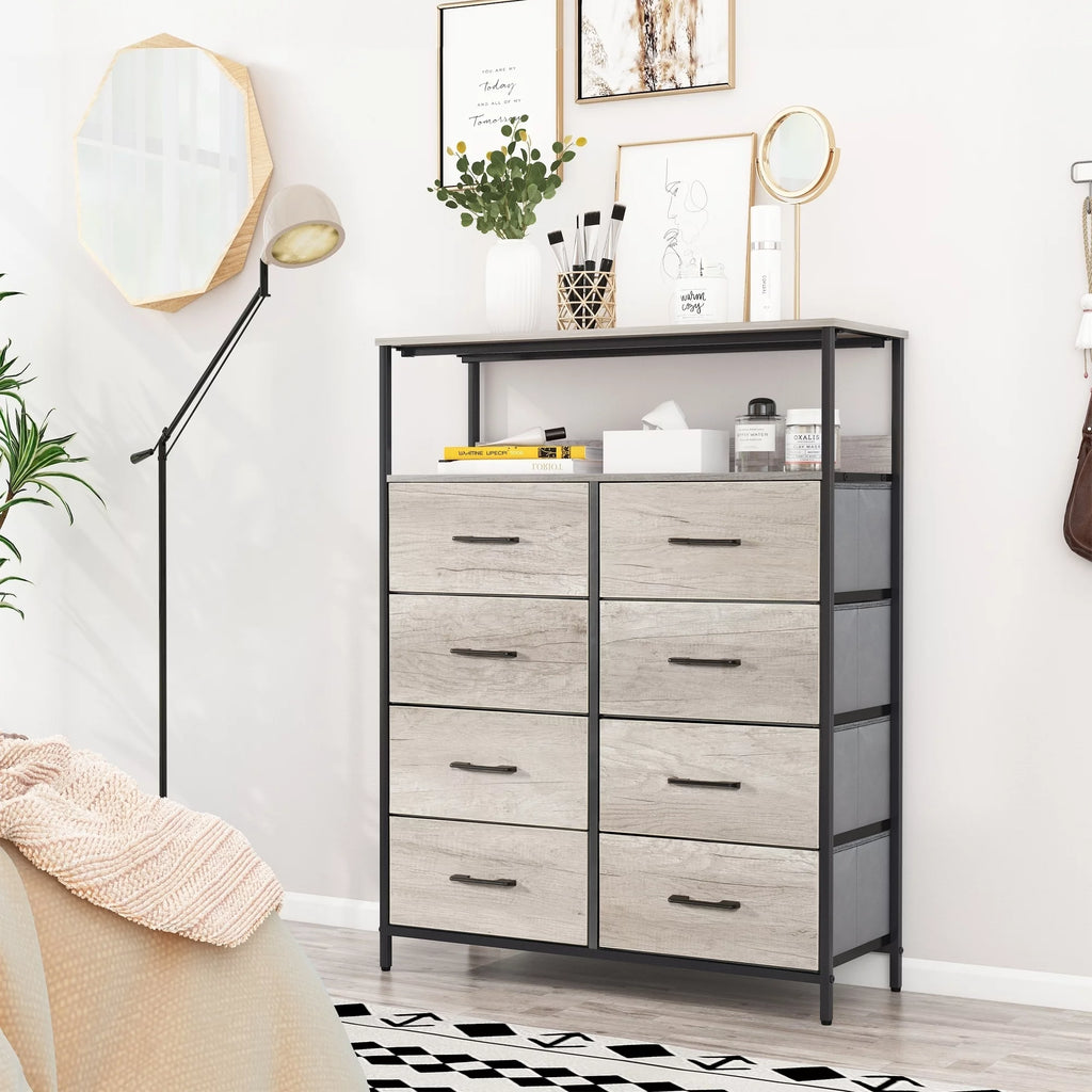 8 Drawer Greige Dresser with Shelves F185