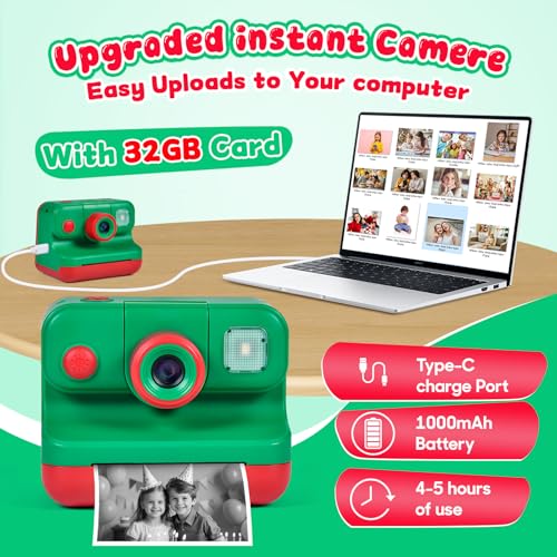 Kids Instant Print Camera with Carrying Bag, 1080P HD, 32GB Card, Pink H30730