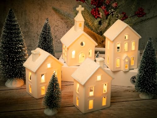 7PCS Christmas Village Sets - 3 LED Lighted Ceramic White Christmas Village Houses with Remote & 4 Trees P9499