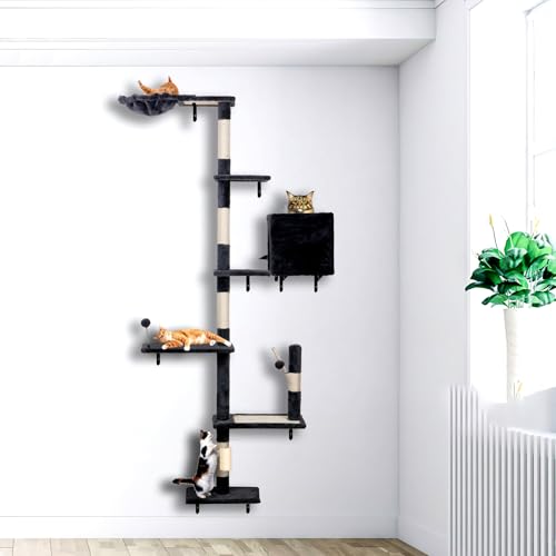 Wall Mounted Cat Climber Set with Scratching Post, Platforms, Dangling Balls, Condo D458886