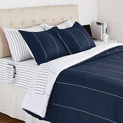 7-Piece Reversible Microfiber Bed-in-a-Bag, Full/Queen, Navy Stripe J218
