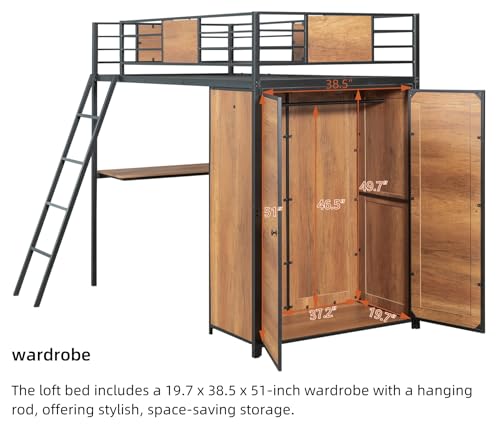Twin Size Metal Wood Loft Bed Frame with Desk Stairs Storage Wardrobe A116