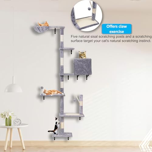 Wall Mounted Cat Climber Set with Scratching Post, Platforms, Dangling Balls, Condo D458886