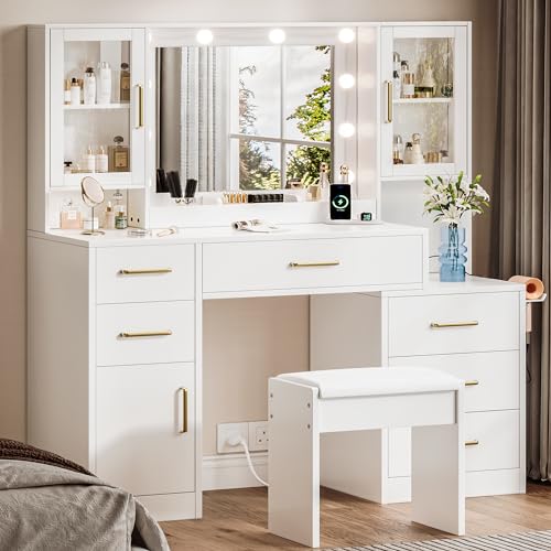 White Makeup Vanity Desk with Mirror & Lights and 5 Drawers E581653