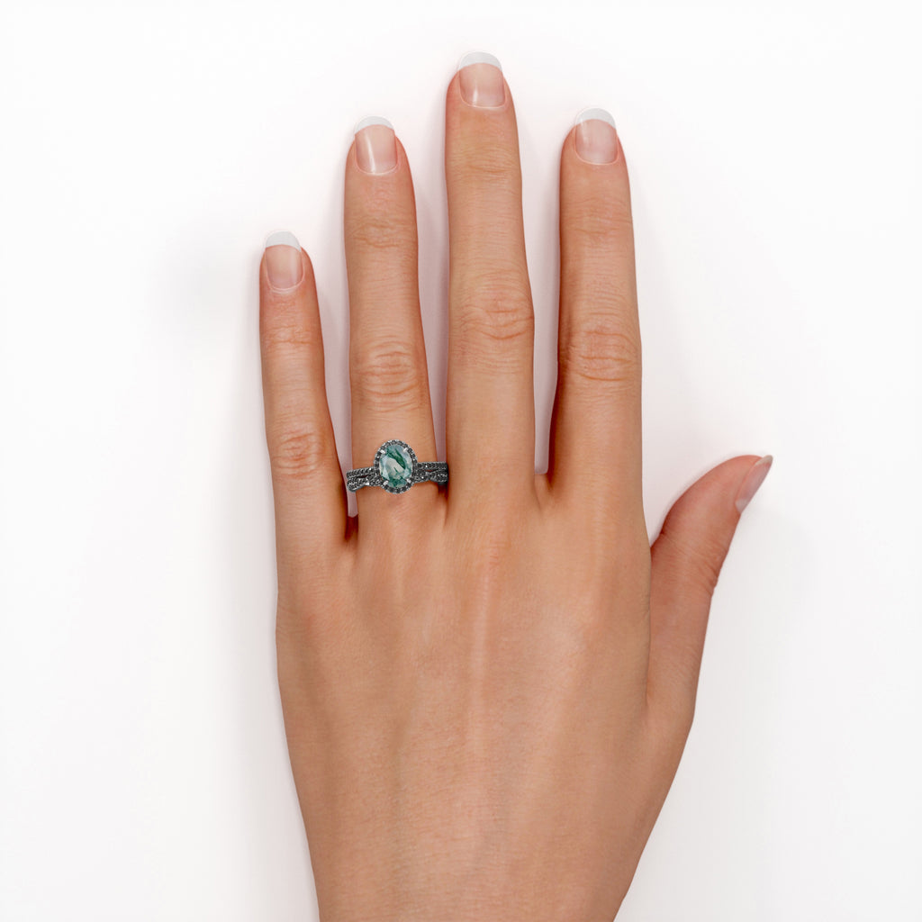 18K Gold over Silver Oval-Shaped Moss Green Agate Bridal Set O57194