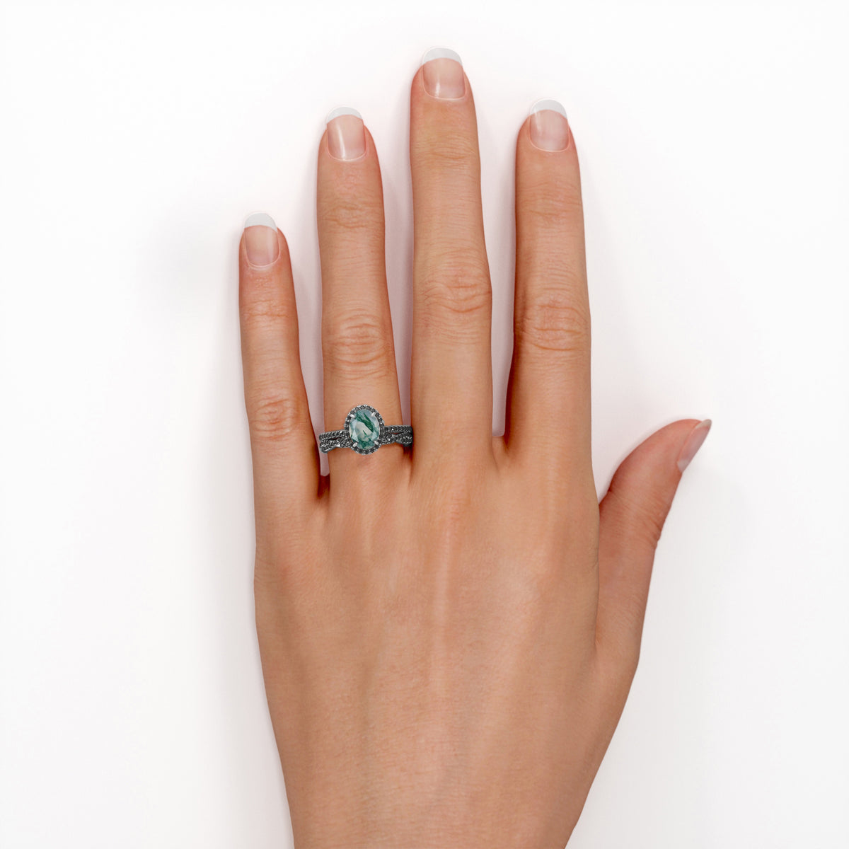 18K Gold over Silver Oval-Shaped Moss Green Agate Bridal Set O57194