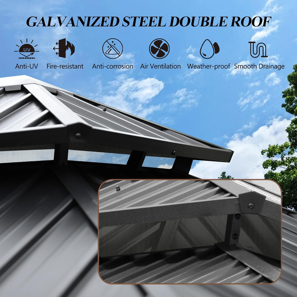 10x12FT Hardtop Gazebo with Double Roof, Heavy-Duty Galvanized Steel Top Aluminum Frame, Breathable Netting & Privacy Curtain U160