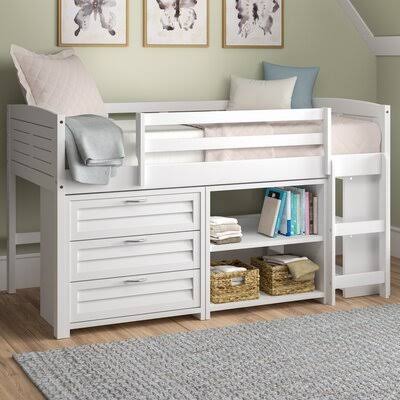 White Solid Wood Twin Loft Bed with Bookcase and Shelves S16544