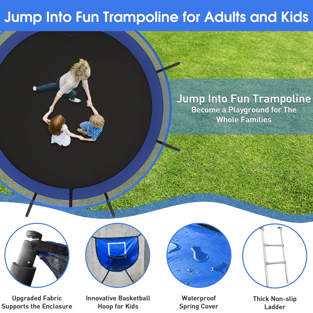 12FT 14FT Trampoline with Enclosure, Basketball Hoop, LED Light and Sprinkler R8603