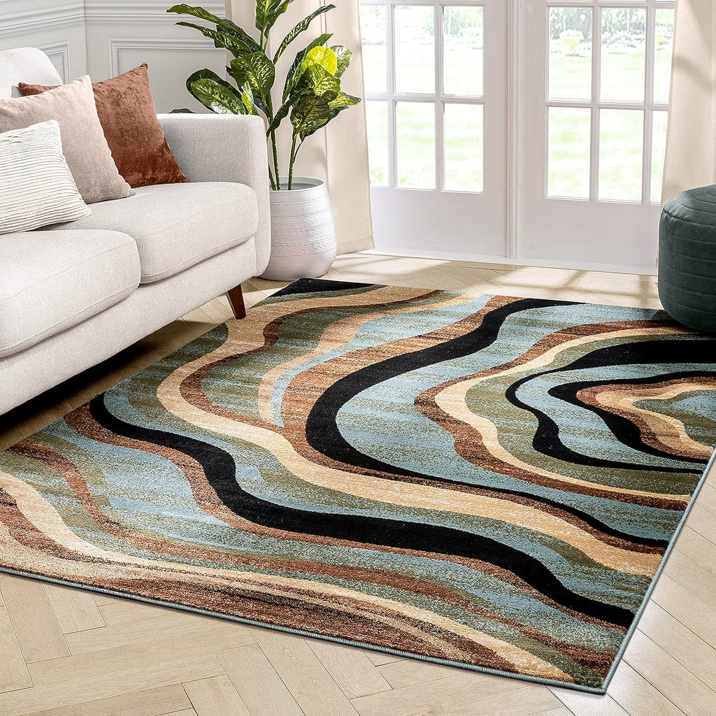 Blue Brown Geometric Area Rug 8x10 I962544