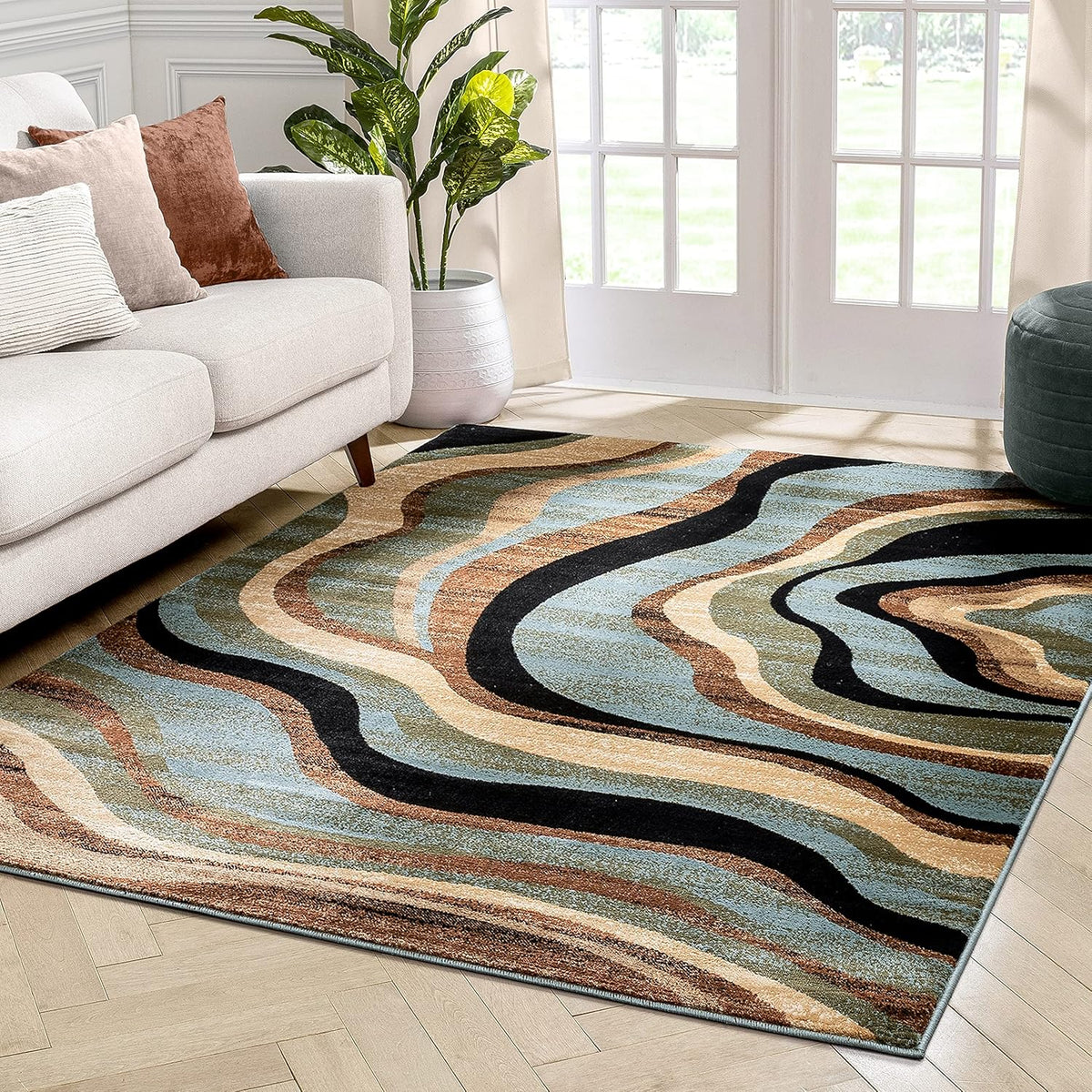 Blue Brown Geometric Area Rug 8x10 I962544