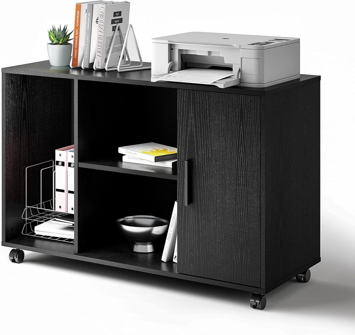 Black Wood Rolling File Cabinet with Dual Doors L10729