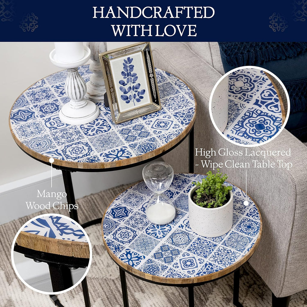 Blue and White Set of 2 Side Tables with Metal Frame and Wooden Top W8964