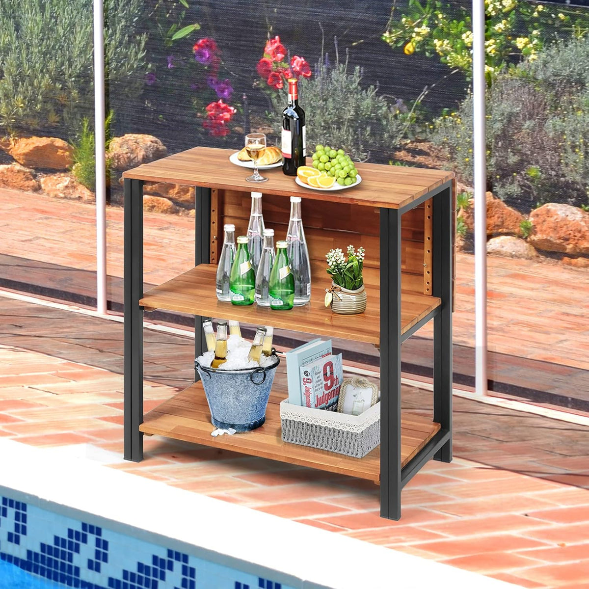 Acacia Wood Folding Patio Table with 2 Storage Shelves V15147